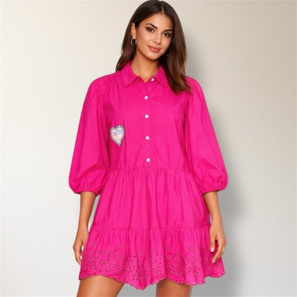 GAP‎ L Petite Pink Eyelet Mini Dress Puff Sleeve Sequin Heart Barbie Cottagecore - Picture 2 of 7